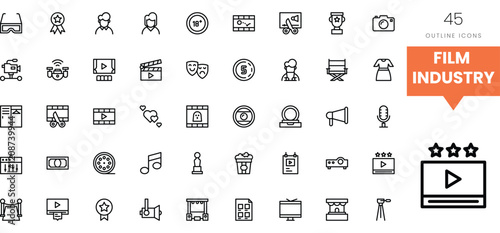 Film industry outline icons showcasing various elements of filmmaking and production.