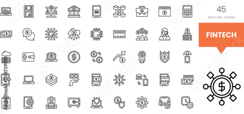 Collection of fintech outline icons representing modern financial technology concepts.