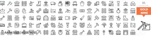 Black and white icons representing various aspects of gold mining and treasure hunting.