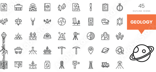 Collection of geology-themed outline icons including minerals and survey equipment.