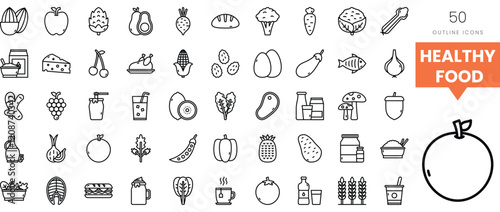 A collection of 50 healthy food outline icons showcasing various items.