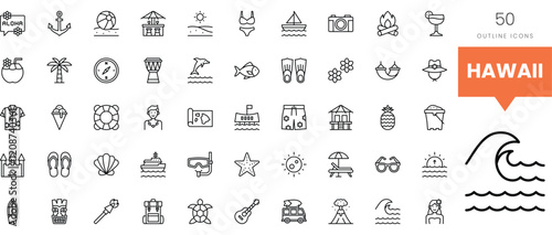 A collection of outline icons representing Hawaiian culture and activities.