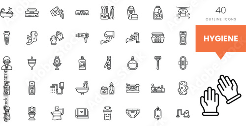 A collection of hygiene-related outline icons, showcasing various personal care items.