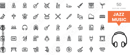 Canvas Print Stylish outline icons representing various elements of jazz music and instruments