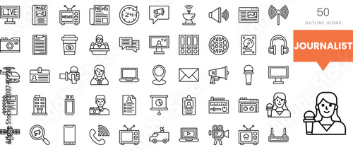 Collection of journalist-related icons in a minimalist outline style.