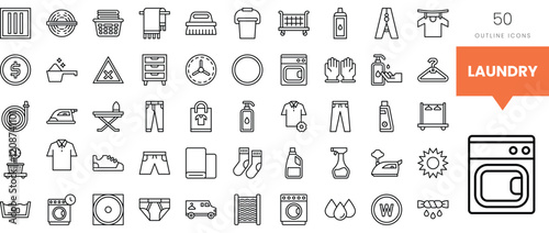 Laundry-themed outline icons featuring various essential items and tools.