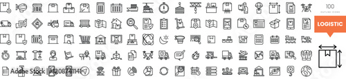 A collection of 100 logistical icons in a clean, monochrome design.
