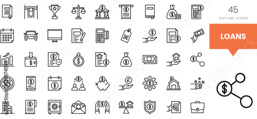 Set of outlined loan icons showcasing various financial concepts and symbols.