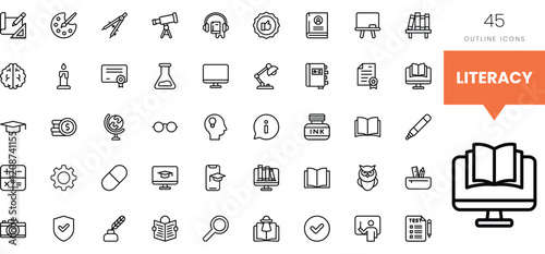Set of outline icons representing various literacy concepts and tools.