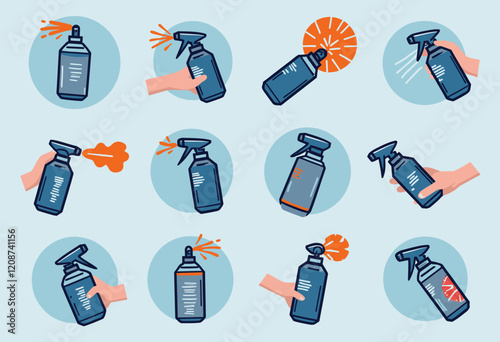 Spray Icons Collection, Aerosol Mist, Water Paint, Deodorant, Hair Spray, Steam Cloud, Vector Set, Minimalist Symbols, Various Sprays, Application Elements.

