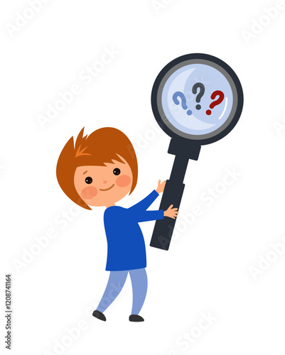 Cartoon cheerful child holds large magnifying glass with question marks. Learning, curiosity, and the challenges of math for young kids.  Vector flat cartoon illustration for educational materials.