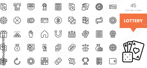 Vector outline icons of lottery and gambling-related symbols, featuring various elements.