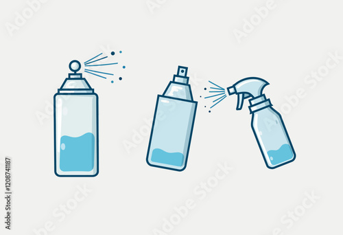 Spray Set: Aerosol Mist Icons, Water Paint, Deodorant, Hair Spray, Steam Cloud, Vector Symbols, Different Sprays, Application Graphics, Minimalist Design.

