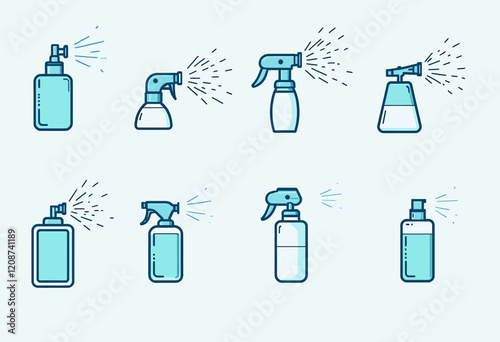 Aerosol Spray Icons, Mist, Water Paint, Deodorant, Hair Spray, Steam Cloud, Vector Set, Various Spray Types, Application Symbols, Simple Design.

