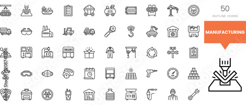 A collection of 50 outline icons representing various manufacturing processes and equipment.
