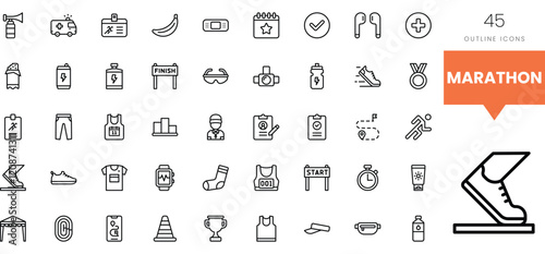 A collection of 45 marathon-related outline icons showcasing various race elements.