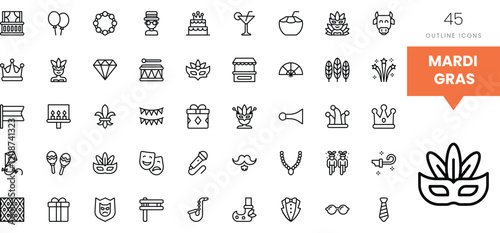 A vibrant collection of Mardi Gras-themed outline icons in black and white.