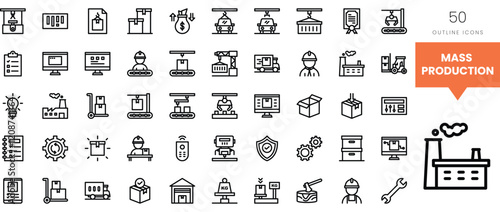 Set of outline icons depicting mass production concepts including machinery and packaging.