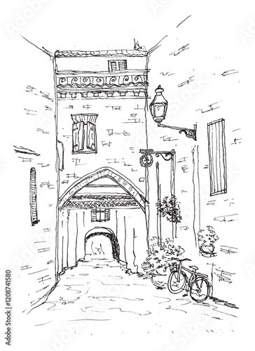 Vintage Alleyway with Arch, Bicycle, and Lamp, Simple Hand Draw Sketch Vector