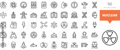 A collection of black and white outline icons related to nuclear themes and energy.