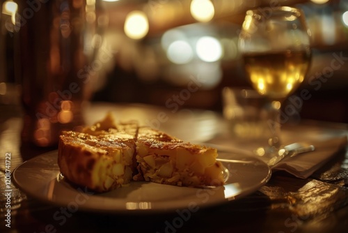 Blurred Spanish Tapas Bar with Sliced Tortilla Espaola photo