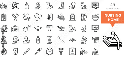 A collection of 45 outline icons representing nursing and healthcare services.