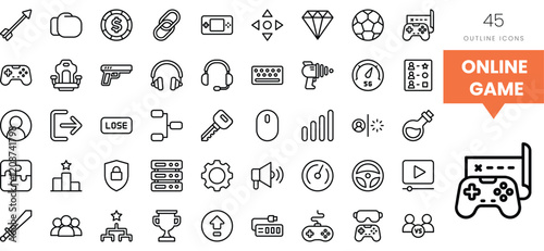 A collection of 45 outline icons representing online gaming elements.