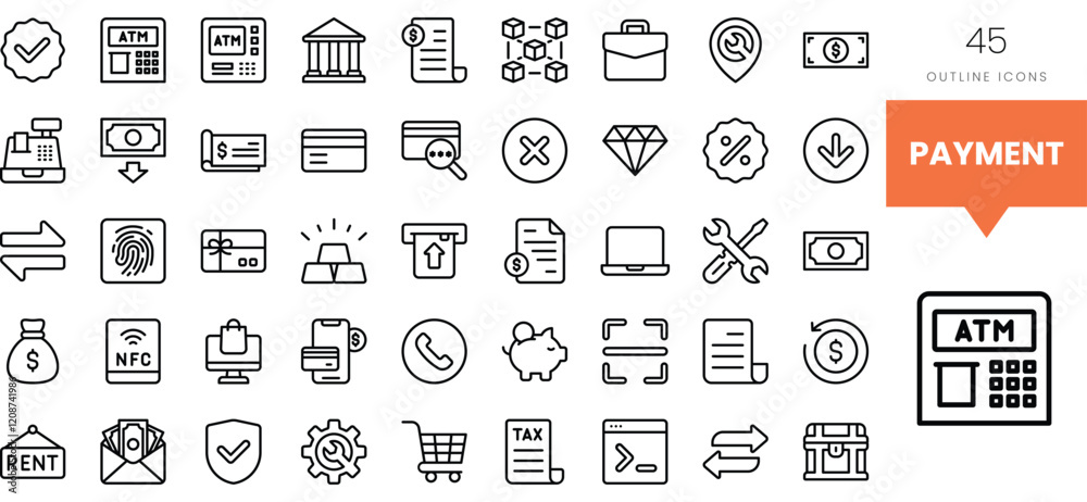 An array of payment-related outline icons, showcasing diverse finance concepts.