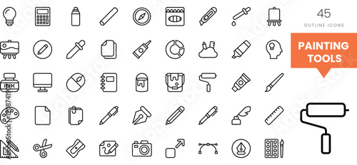 A collection of various painting tools and supplies outlined in black on a white background.