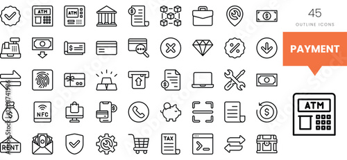 An array of payment-related outline icons, showcasing diverse finance concepts.