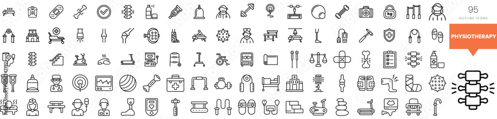 A collection of therapy-related icons in a minimalist style, including equipment and symbols. A collection of therapy-related icons in a minimalist style, including equipment and symbols.