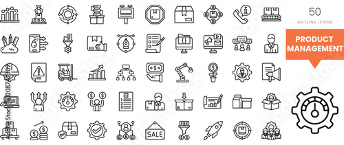 A collection of 50 outline icons representing various aspects of product management.