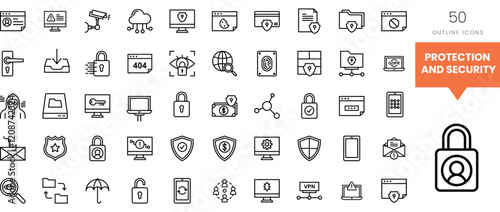 An array of 50 outline icons related to digital protection and security.