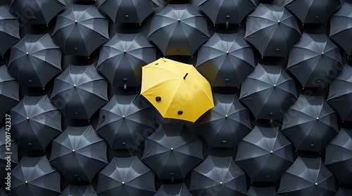 Standing out concept with a single bright yellow umbrella among a crowd of black umbrellas, symbolizing individuality, uniqueness, creativity, and the courage to be different in a monotonous world



