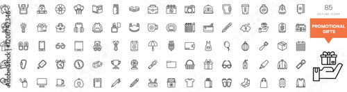 A collection of promotional gift icons in a minimalist outline style.
