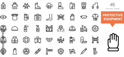 Collection of outline icons depicting various protective equipment items.