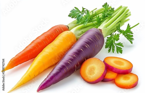 Three colorful carrots orange, yellow, purple, with green tops and sliced pieces isolated on white. photo