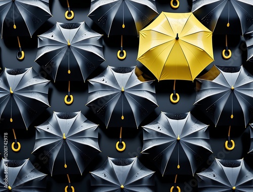 Standing out concept with a single bright yellow umbrella among a crowd of black umbrellas, symbolizing individuality, uniqueness, creativity, and the courage to be different in a monotonous world



