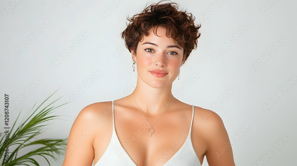 Woman, short hair, white top, studio portrait, plant background, jewelry advertising Woman, short hair, white top, studio portrait, plant background, jewelry advertising