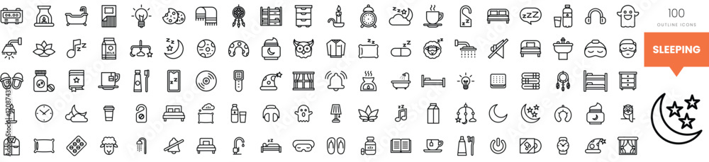 A collection of 100 minimalist line icons representing sleeping and relaxation themes. A collection of 100 minimalist line icons representing sleeping and relaxation themes.
