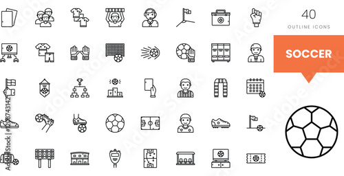 A collection of 40 outline icons depicting various soccer-related activities and symbols.
