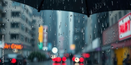 Close up of a black umbrella covered in raindrops against a blurry cityscape backdrop, background, downpour photo