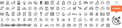 A collection of 100 minimalist line icons representing sleeping and relaxation themes.