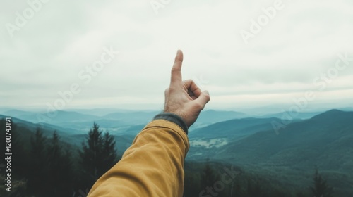 Hand pointing towards a mountain range on a cloudy day. photo