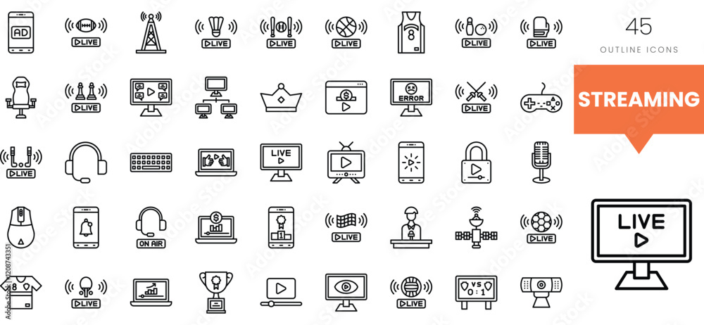 A collection of 45 outline icons representing digital streaming concepts. A collection of 45 outline icons representing digital streaming concepts.