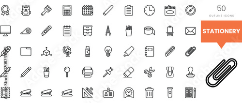 Variety of outline icons representing stationery items and office supplies.
