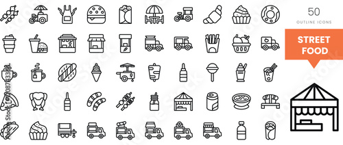 A variety of street food icons in a minimalist style, featuring diverse snacks.