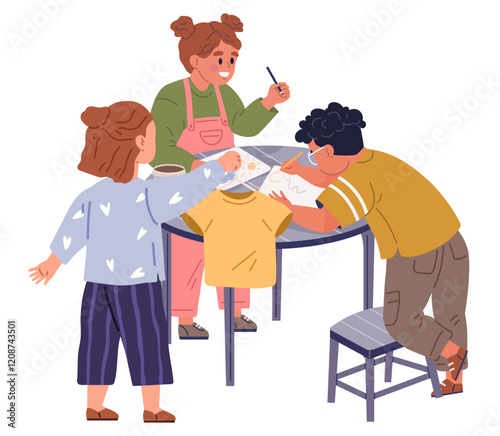 Kids learn how to draw. Little children, babies drawing pictures with pencils and markers on blank sheets sitting around table in kindergarten. Drawing kid activity in art class. Creative crafts