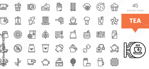 Collection of outline icons depicting various tea-related items and beverages.