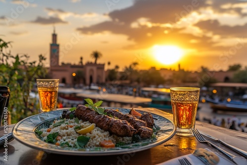 Delicious grilled skewers with couscous and vegetables served on a terrace at sunset, overlooking a Moroccan city.